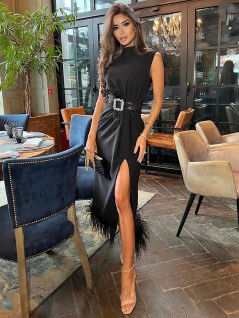 Fashion Black Feather Split Midi Dress 2022 New Summer Women' Sexy Sleeveless Belted Celebrity Club Party Dress Vestidos