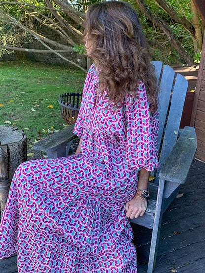 Halve Mouw Vrouwen Losse Jurk Casual Bloemen Gedrukt Vintage Lange Jurken Elegante V Hals Trekkoord Feest Jurk Vestidos Mujer